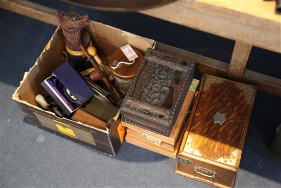 A fox head pipe rack, Ronson & Dunhill table lighters, a carved South German tobacco box and humidor